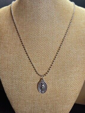 NWOT Italy Miraculous Medal Necklace Silver Virgin Mary Pendant 1830 Ball Chain